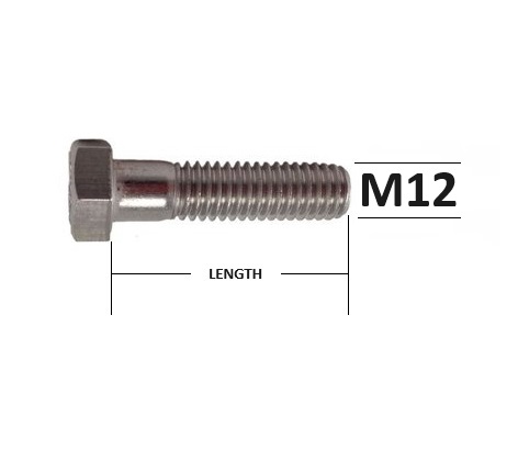 M12 Bolts Stainless Steel Grade 304 Select Length